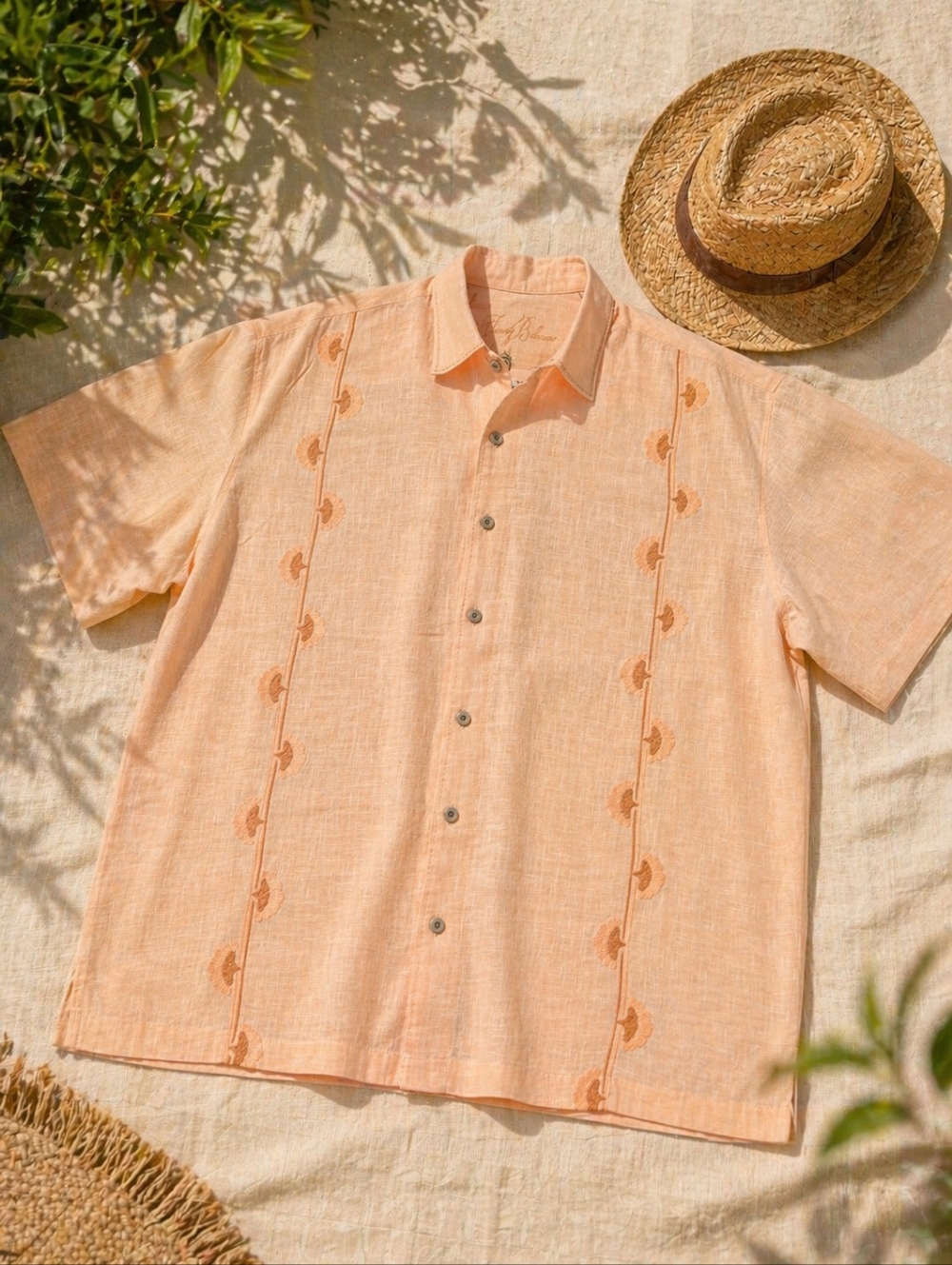 Tommy Bahama XXL Peach Linen Guayabera Shirt | Lightweight Tropical Weight